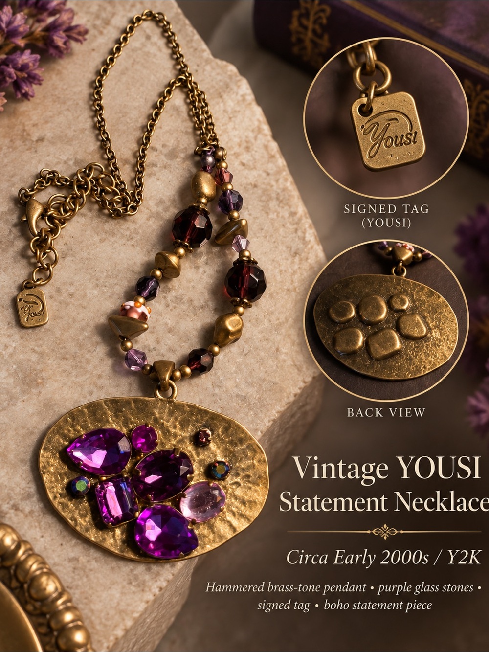 Yousi Modernist Purple Glass Statement Necklace - Vintage Hammered Brass